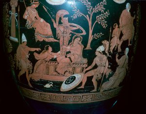 Grekisk rödfigurerad volutkrater med scen från Trojas säck, 300-talet f.Kr av Illupersis Painter