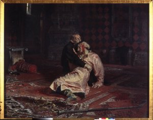 Ivan IV den förskräcklige (1530-1584) omfamnar sin son Ivan Ivanovich (1554-1581) som han just har sårat dödligt under ett gräl, fredagen den 16 november 1581. Målning av Ilya Yefimovich Repin (Ilia Repin) (183404) , olja på duk av Ilya Efimovich Repin