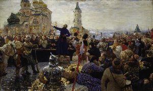 Kouzma (Kuzma) Minin (död 1616) kallar folket i Nizhny Novgorod 1611 (Han uppfostrade folket i Moskva mot polackerna) (Minin vädjar till folket i Nizhny Novgorod 1611) - Målning av Ilya Yefimovich Repin (18404-19304) ), olja på duk av Ilya Efimovich Repin