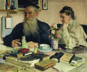 Leo Tolstoj med sin fru i Yasnaya Polyana, 1907 av Ilya Efimovich Repin