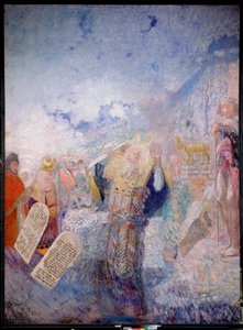 Moses och de tio budorden. Bakom honom, Guldkalven. Målning av Yuri Ilyich Repin (Youri Repin) (1877-1954), olja på duk, cirka 1930. Rysk konst, 1900-talet, modern konst. I. Repins minnesmuseum Penates, Sankt Petersburg. av Ilya Efimovich Repin