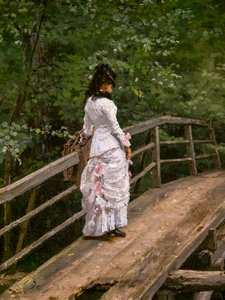 SOMMARLANDSKAP. VERA REPINE PÅ EN LITEN BRO I ABRAMTSEVO av Ilya Efimovich Repin