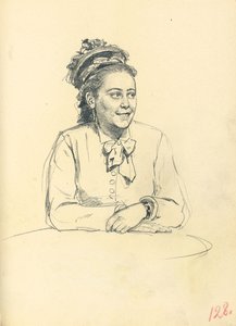 Studie för "A Parisian Cafe": Sittande kvinna med båge och vikta händer, ca. 1872-1875 av Ilya Efimovich Repin