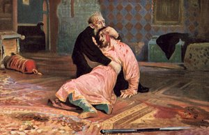 Ivan den förskräcklige och hans son Ivan den 16 november 1581 av Ilya Efimovich after Repin