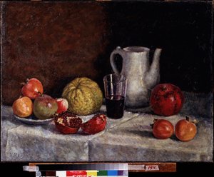 Stilleben med ett granatäpple. Målning av Ilja Ivanovich Mashkov (Ilia Mashkov, Matchkov) (1881-1944), olja på duk, sent 1930. Rysk konst från 1900-talet, sovjetisk konst. Regionala A. Deineka konstgalleri, Kursk (Ryssland).
