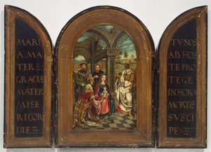 Tillbedjan av Magi, förmodligen 1600-talet. av Imitator of Netherlandish