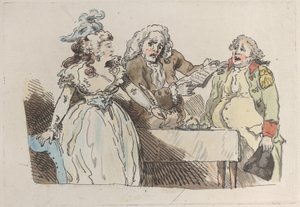 En ung kvinna, arvinge förbereder sig på att underteckna ett dokument, 1780-1800., 1780-1800. av Imitator of Thomas Rowlandson.