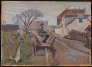 Målaren Ølund Hansen sitter i en vagnmålning av Immanuel Ibsen