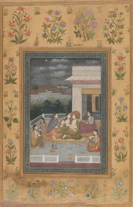 Ett par på en terrass omgiven av skötare och musiker av Indian 18th Century