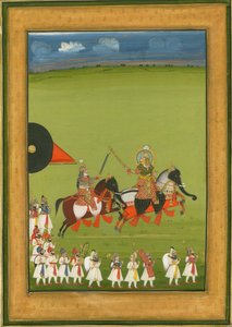 Rajah och son på hästar förklädda till elefanter, och en svit av skötare, ca. 1810