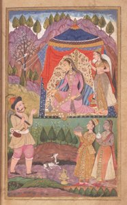 48.62 folio 138 Farhad berättar om sina äventyr för prinsessan Shirin, från Khusrau och Shirin, Deccani School, 1722 av Indian School