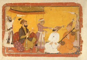 ]7.110359 Gosain Narayan tar gift i närvaro av kejsar Jahangir, Nurpur, Pahari School, 1725 av Indian School