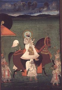 AS10 Album 43 nr.4514 Kat.nr. 514 iii Rana Sarup Singh (1842-61) från Mewar rider på en fux hingst, hans hållare till fots bär solskydd och kungliga utrustning, Udaipur, ca 1855 av Indian School