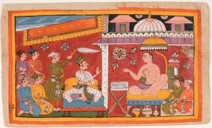 En jainlärare tar emot en prins och hans följe av Indian School