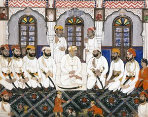 En Jaipur raja klädd för tillbedjan i durbar, ca 1845 (ogenomskinlig wc & guld på papper) av Indian School