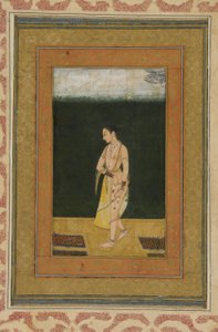 En dam går i en trädgård, Albumfolio med målning, c.1730 av Indian School
