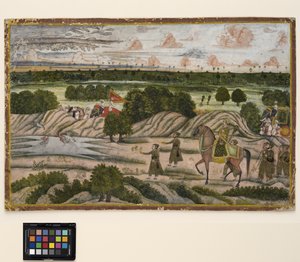 En Nawab och hans behållare på jaktexpedition, ca 1780 (ogenomskinlig akvarell och guld på papper) av Indian School