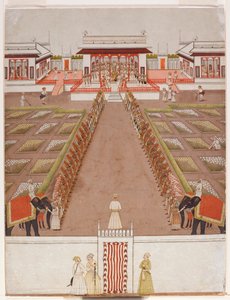En gård för Nawab i en paviljong, bortom en aveny med hållare och två elefanter, ca 1765 (ogenomskinlig wc & guld på papper) av Indian School