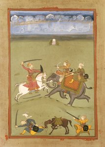 En prins som slåss mot sina fiender på en elefant, c.1710 av Indian School