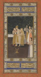En prins med haremskötare, albumfolio med målning, tidigt 1700-tal (ogenomskinlig akvarell, bläck och guld på papper) av Indian School