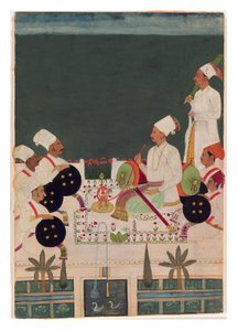 A Rathore Chief with His Kinsmen, c.1700 (ogenomskinlig wc & guld på papper) av Indian School