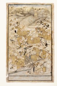 En strid utkämpad av européer, ca 1700 (ogenomskinlig wc & guld på papper) av Indian School