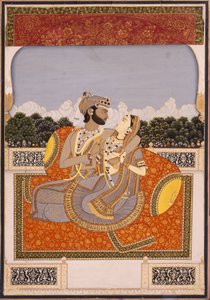 Ett par omfamnar på en terrass, ca 1835 (ogenomskinlig wc, lack, guld & glas på papper) av Indian School