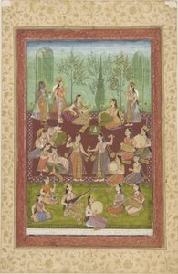 En grupp kvinnor i en trädgård som underhåller sig med musik och dans (färg & guld på papper) av Indian School