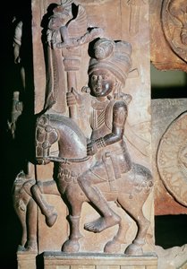 En ryttare, detalj från porten till en buddhistisk stupa, från Bharhut, Madhya Pradesh, sena Mauryan-perioden, Sunga-dynastin (180-72 f.Kr.)