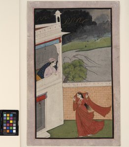En dam kommer till sin älskares hus i en regnstorm, ca 1830 (ogenomskinlig w/c och guld på papper)