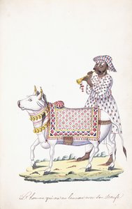 En man med sin oxe, ca. 1825 (penna, penna, svart bläck, w/c, på Whatman-papper) av Indian School