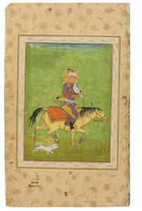 En målning av Iraj på hästjakt med en falk, Indien, Mughal-perioden, sent 1500-tal (ogenomskinliga pigment och guld på wasli) av Indian School