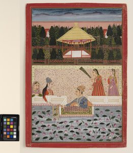 En prins och en prinsessa leker med tomtebloss vid en lotusbassäng, ca 1760 (ogenomskinlig akvarell och guld på papper) av Indian School