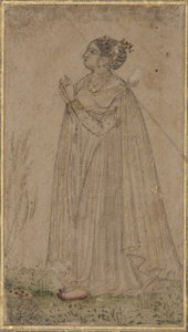 En prinsessa dyrkar solen, ca 1600 (ogenomskinlig wc & guld på papper) av Indian School