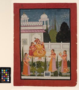 En raja på en terrass med sin rani, deltog av tre kvinnor, sent 1700-tal (ogenomskinlig akvarell på papper) av Indian School
