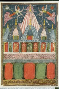 Ett tempel som innehåller en bild av Venu-gopala-krishna med två dansande flickor som uppträder för gudomen, 1823 av Indian School