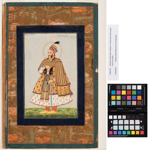 Abdullah Qutb Shah nimbate, i vit jama med guldrock och sjal, ca 1680 (ogenomskinlig akvarell & guld på papper) av Indian School