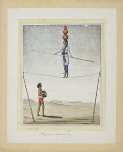 Acrobat on a tightrope, trummis nedan, c.1820 (ogenomskinlig wc på papper) av Indian School