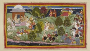 Lägg till 15296 (1) f.105r, De två prinsarna, brahminerna och ministrarna närmar sig eremitaget Bharadvaja till fots, med de tre drottningarna på avstånd över horisonten följt av sina kullar. Armén med sina elefanter och vagnar väntar bakom. På l av Indian School