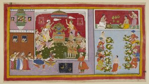 Lägg till 15296 (1) f.106r, Genom sina magiska krafter har Bharadvaja framtrollat ett palats på en nöjesplats för underhållning och förfriskningar för sina gäster. Bharadvaja och de andra asketerna och brahminerna sitter i tronsalen, medan de två prinsarna av Indian School