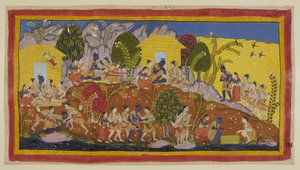 Lägg till 15296 (1) f.114r, Överst i mitten kastar sig Bharata och Shatrughna för Ramas fötter, som omfamnar sina yngre bröder och luktar på Sitaeirs huvuden. Rama tar dem i sitt knä när han frågar efter deras och deras fars välfärd, och h av Indian School