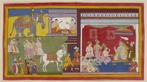 Lägg till 15296 (1) f.11r, Dasaratha, tronad i durbar, berättar för brahminerna Vasistha och Vamadeva och hans minister Sumantra om hans avsikt att avsäga sig sin tron till Rama som regent; till vänster kallar dessa tre Rama och Laksmana. Ovan börjar fyra  av Indian School