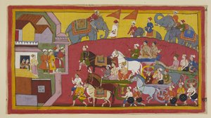 Lägg till 15296 (1) f.128r, Vasisthas och prinsarnas vagnar, med deltagande av olika ministrar och människor, går in i staden Nandigrama. av Indian School