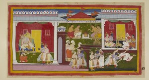 Lägg till 15296 (1) f.34r, Rama accepterar sin förvisning med fullkomlig jämnmod, och han och Laksmana tar avsked från Kaikeyi och Dasaratha, som med nedsänkt huvud och bortvänd blick inte kan förmå sig att se på sin son. Han och Laksmana lämnar Kaikeyis p av Indian School