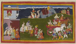 Lägg till 15296 (1) f.3r, De fyra bröderna omfamnar utanför palatset (mitten), med kvinnor som tittar ner från ett tillslutet jharokha-fönster som stöds av böjda serpentinfästen. Ett rikt tyg är utbrett över tröskeln. Sedan går Bharata och Shatrughna iväg  av Indian School