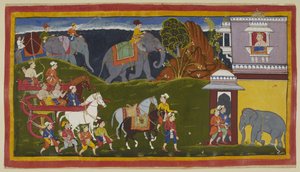 Lägg till 15296 (1) f.4r, Bharata, Shatrughna och deras farbror, tillsammans med hållare och två ledda ridhästar, med lastade elefanter bortom horisontlinjen, anländer till palatset till kungen av Kekaya, Bharatas morfars morfar, som väntar på dem ser ut av Indian School