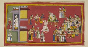 Lägg till 15296 (1) f.50r, Dasaratha hade tidigare beordrat Sumantra att kalla sina drottningar och alla hans fruar, som nu omringar kungen när Sumantra för in de landsförvisade för att ta deras farväl. Dasaratha försöker övertala Rama att inte gå till sko av Indian School