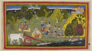 Lägg till 15296 (1) f.63r, följeslagarna har nått floden Ganga vid Srngaverapura Rama och Sita sitter på en matta av halm under ett träd, menat att vara ett Ingudi-träd, medan Laksmana och Sumantra på samma sätt sitter vända mot dem. Hästarna har varit osk av Indian School