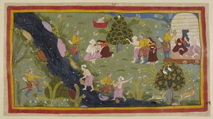 Lägg till 15296 (1) f.79r, Dasaratha berättar för drottningarna om händelsen i sin ungdom då han av misstag dödade en vises son under jakt. Till vänster riktar Dasaratha av misstag sin båge genom träden mot ungdomen, som fyller sin vattenkanna på den andra av Indian School