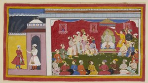 Lägg till 15296 (1) f.8r, Dasaratha sitter på sin tron i full durbar, med Rama och Laksmana på knä bredvid honom, medan budbäraren skickad av Bharata från sin farfars hov berättar för Sitae kung hur flitigt hans andra två söner studerar. En ring av c av Indian School